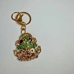 Money Frog Keychain Bling Green Rhinestone Gold Feng Shui Charm Toad Fairycore